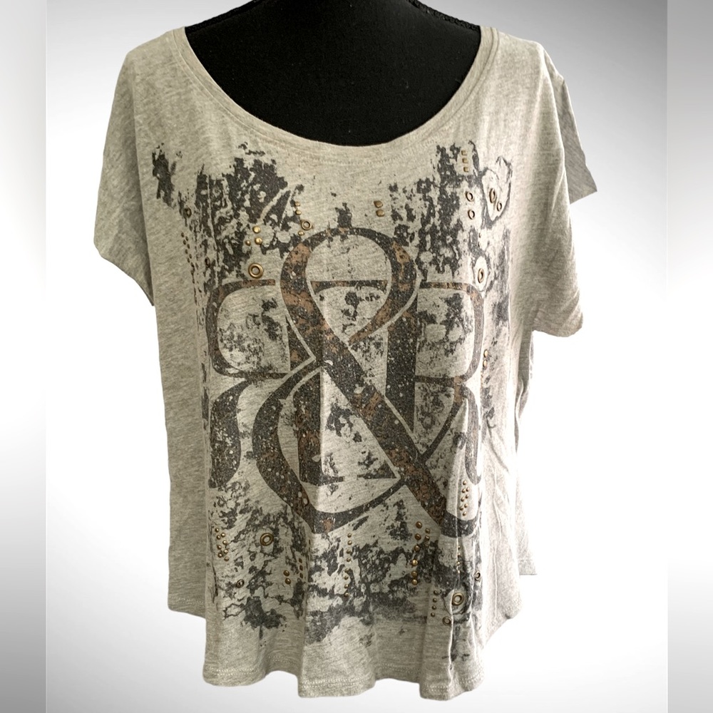 Rock & Republic Gray Embellished Logo Raw Hem T Shirt XL